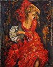 Unknown Artist Flamenco dancer Red dress painting